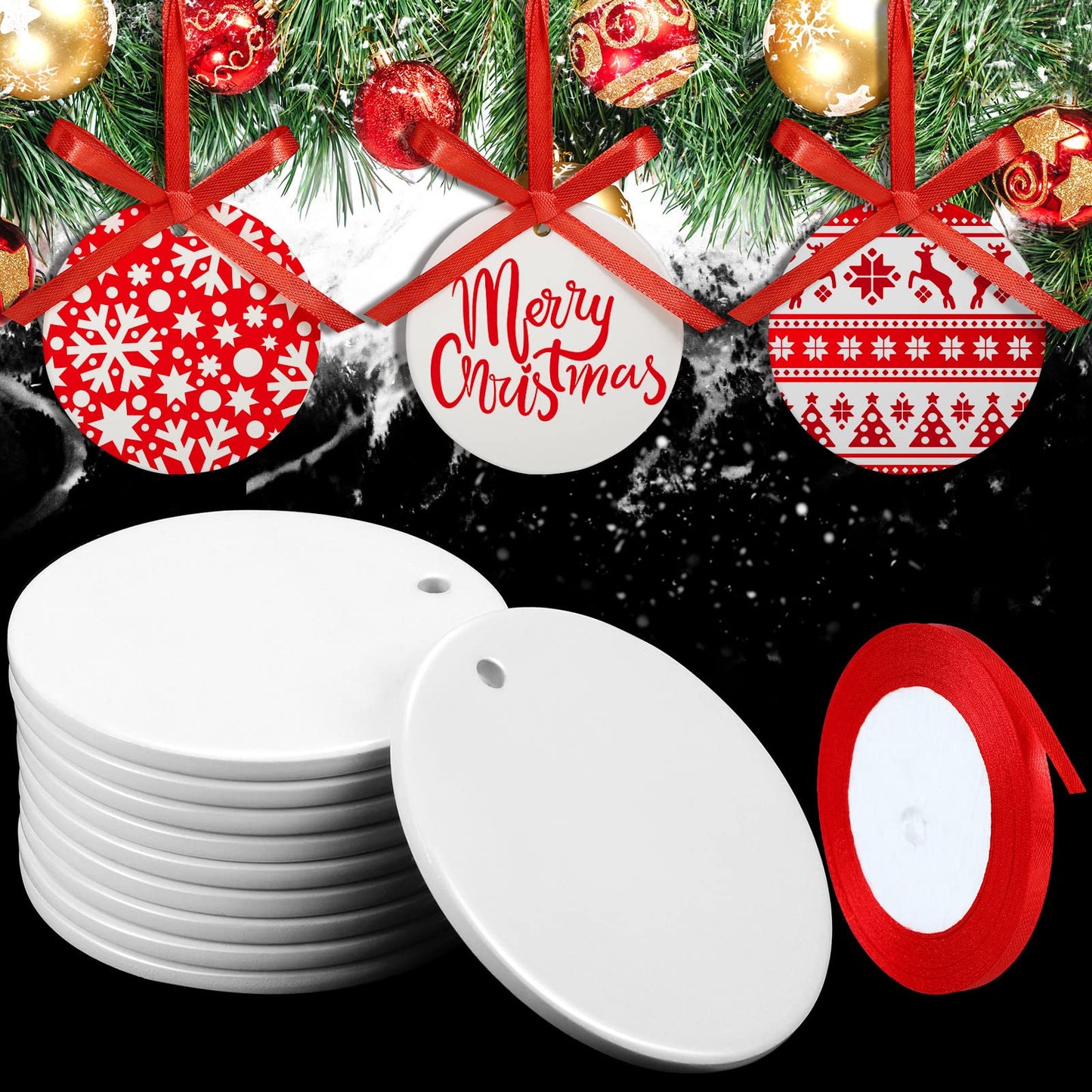 Sublimation Ceramic Ornaments 2.75 Inch Round White Ceramic Christmas Ornaments DIY Blank Hanging Ornaments Ceramic Personalized Tree Ornaments with Red Satin Ribbon (10 Pieces)