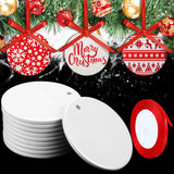 Sublimation Ceramic Ornaments 2.75 Inch Round White Ceramic Christmas Ornaments DIY Blank Hanging Ornaments Ceramic Personalized Tree Ornaments with Red Satin Ribbon (10 Pieces) Patelai