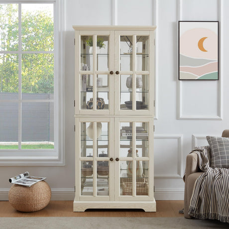 Eyisean 69" H Lighted Curio Display Cabinet, Glass Display Cabinet with 4 Glass Doors and Adjustable Shelves for Collectibles, Light Bulb Included, Vintage Showcase for Home Office Display (White) Eyisean