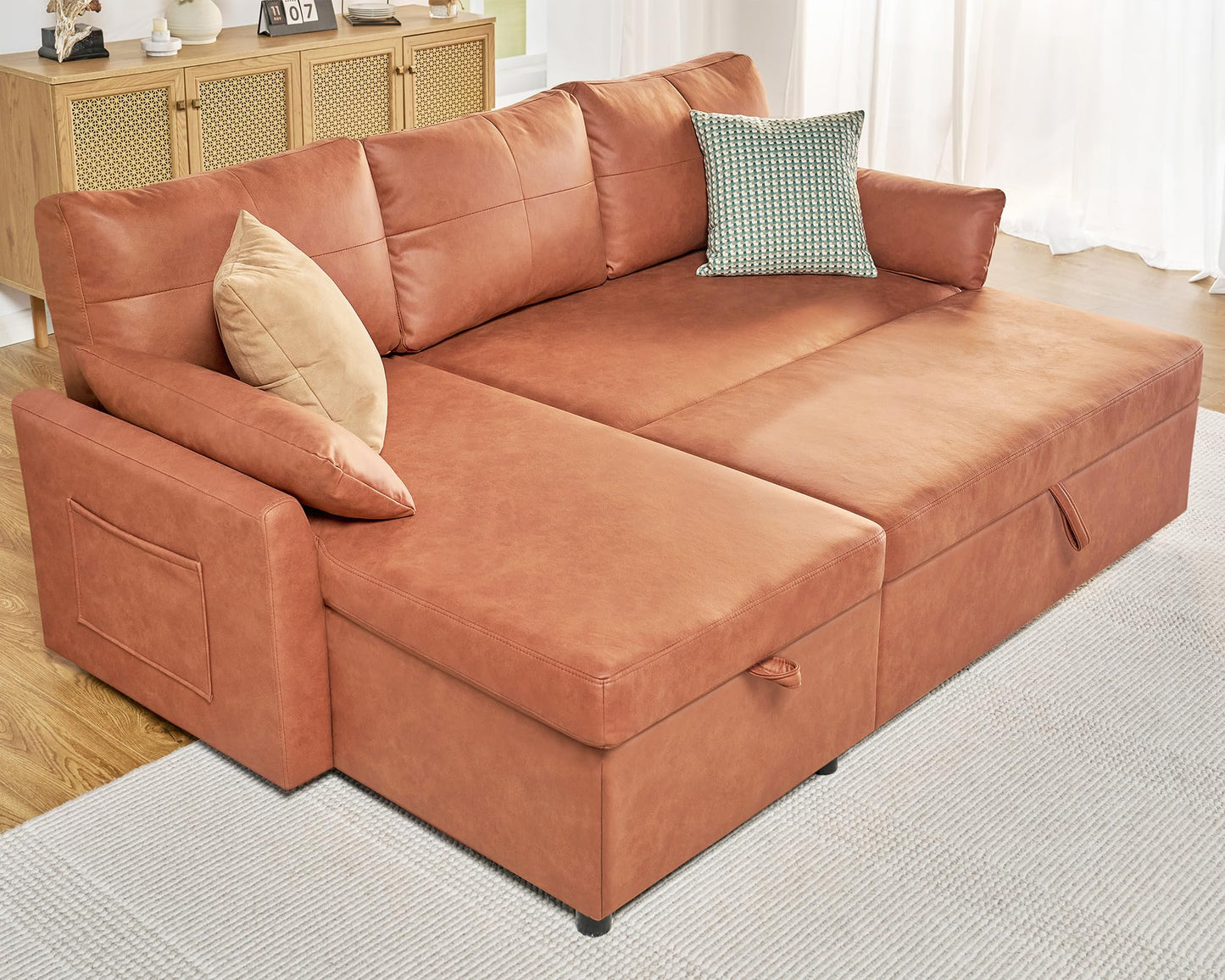 PaPaJet Sofa Bed, Sofa Sleeper with Storage Chaise, L Shape Pull Out Couch Bed, Oversized Sofas for Living Room-Brown Leathaire