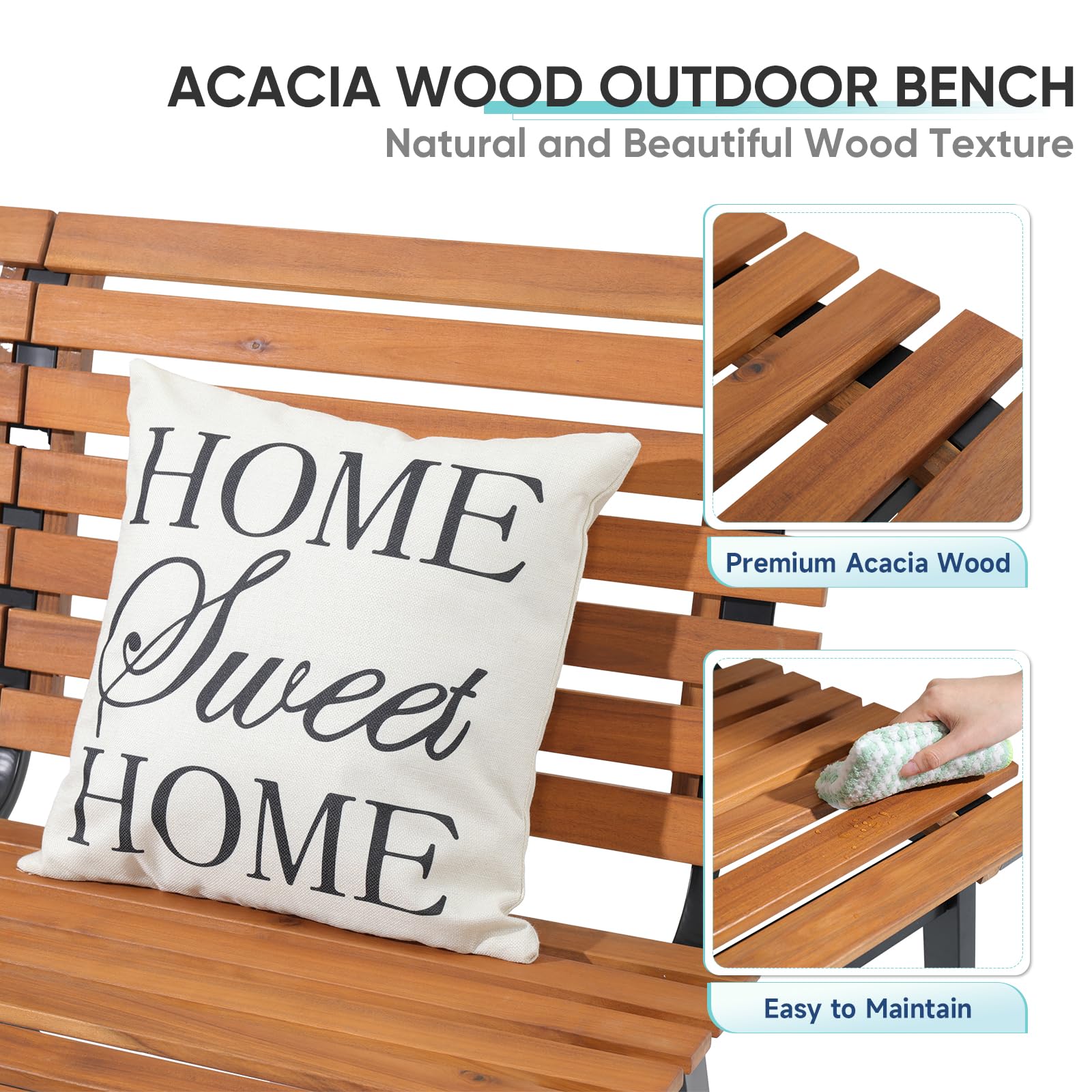 Elegant Acacia Wood Outdoor Bench – 54-Inch Armless Design with Steel Frame for Garden, Porch, and Patio - WoodArtSupply