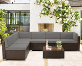 U-MAX 7 Piece Outdoor Patio Furniture Set, PE Rattan Outdoor Brown Wicker Furniture, Outdoor Sectional Furniture Chair Set with Cushions and Tea Table, Brown Rattan and Dark Grey Cushion U-MAX