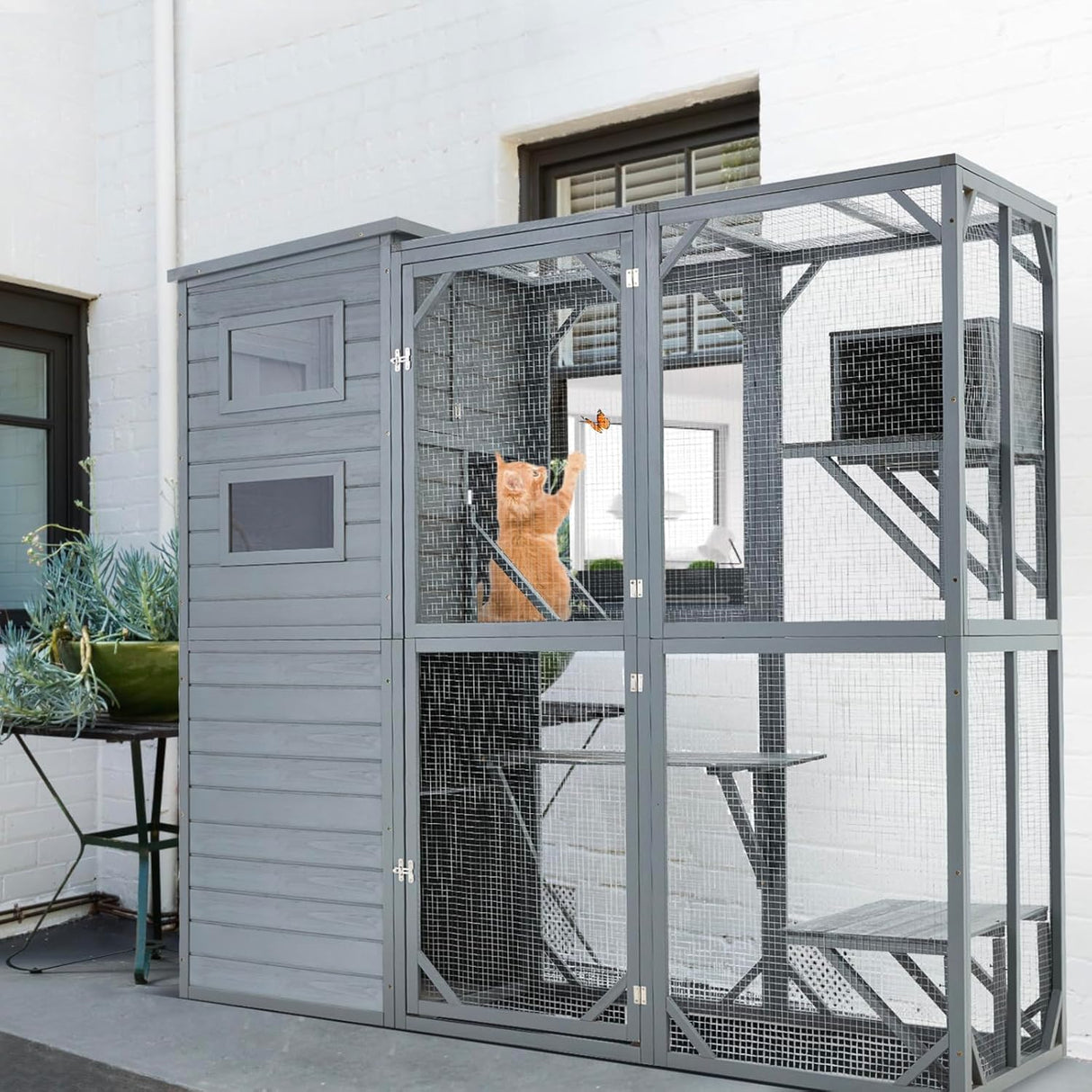 YDTOP Large Catio 4 Tiers Cat Enclosure House for Multiple Indoor Outdoor Cats with Weatherproof Roof, 4 Resting Rooms, 4 Platforms, 5 Windows, 70" H 32" W 77" L, Grey Green YDTOP