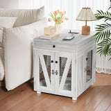 VOWNER Dog Crate Furniture, Wooden Dog Kennel End Table with USB Charging Station, Storage Drawer, Double Latched Door, Furniture-Style Crate Side Table for Small Dogs Under 25 lbs Indoor, Gray Pine VOWNER