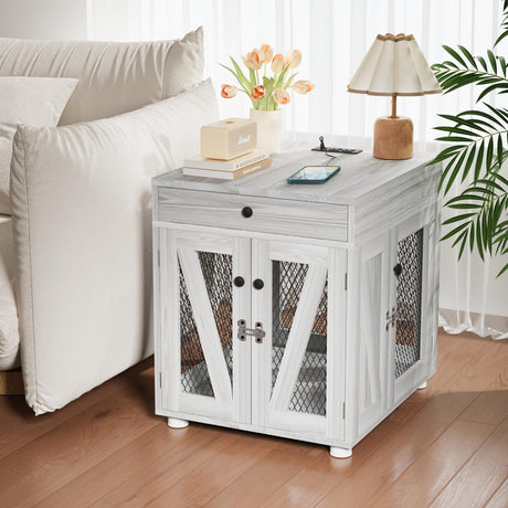 VOWNER Dog Crate Furniture, Wooden Dog Kennel End Table with USB Charging Station, Storage Drawer, Double Latched Door, Furniture-Style Crate Side Table for Small Dogs Under 25 lbs Indoor, Gray Pine VOWNER