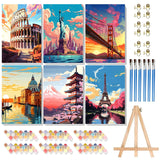 6 Pack Framed Paint by Numbers Kit for Adults Beginners with Wooden Easel,Scenery-Cityscape Easy Adults' Paint-by-Number Kits with Frame,DIY Number Painting Adults for Decor Present 8x12 inch Canrichshop