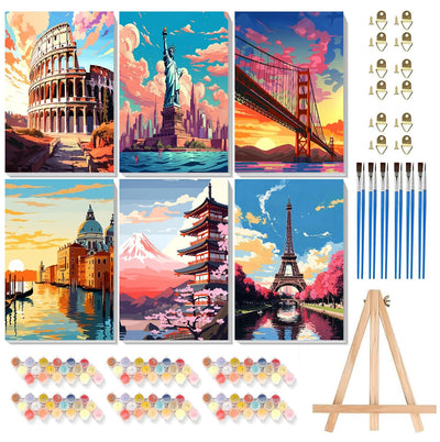 6 Pack Framed Paint by Numbers Kit for Adults Beginners with Wooden Easel,Scenery-Cityscape Easy Adults' Paint-by-Number Kits with Frame,DIY Number Painting Adults for Decor Present 8x12 inch