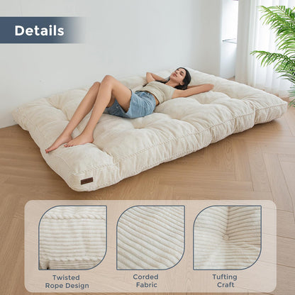 MAXYOYO 6" Futon Mattress Full Size, Tufted Futons Sofa Couch Bed with Twisted Rope Design Edging, Thick Corded Fabric Floor Mattress for Adults, Shredded Foam Filling (Frame Not Included), Beige