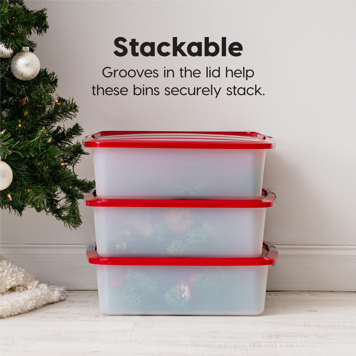 IRIS USA 33 Qt. Holiday Wreath Storage Container Box with Lid, 3-pack, Stackable Under Bed Storage Organizer Bin with Latching Buckles for 20" Wreaths Festive Holiday Decorations Garlands, Clear/Red IRIS USA