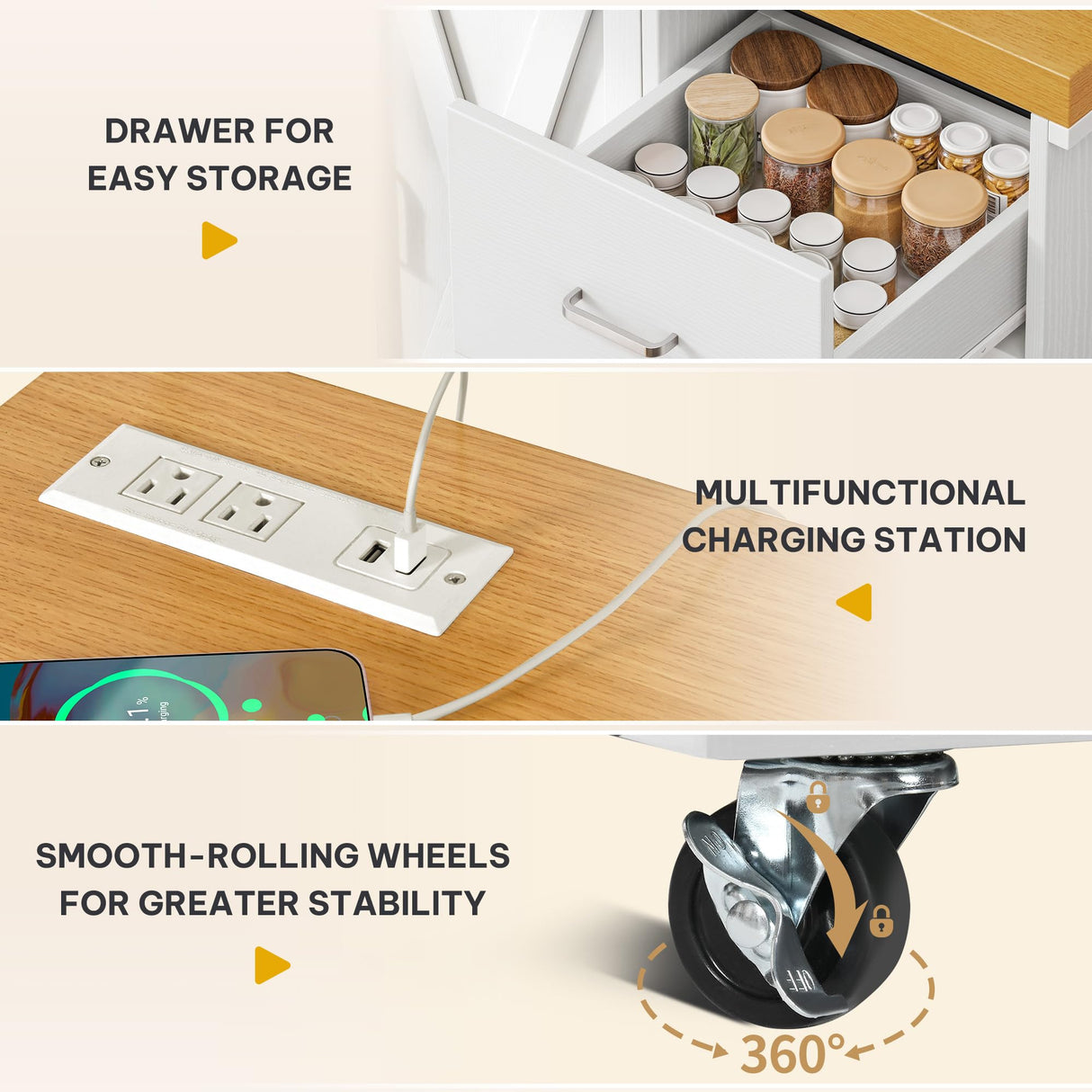 DWVO Farmhouse Bakers Rack with Power Outlet and LED Light, 53 inch Coffee Bar Cabinet Station with Storage, Microwave Stand on Wheels, with Wine Racks, Shelves, Goblet Holder and 14-S Hooks (White) DWVO