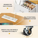 DWVO Farmhouse Bakers Rack with Power Outlet and LED Light, 53 inch Coffee Bar Cabinet Station with Storage, Microwave Stand on Wheels, with Wine Racks, Shelves, Goblet Holder and 14-S Hooks (White) DWVO