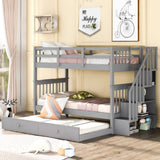Harper & Bright Designs Twin Over Twin Bunk Bed with Trundle Bed and Storage Shelf, Kids Twin Size Bunk Bed with Stairs & Guard Rail, Wood Bunk Bed Frame for Kids, Teens, Adults,Gray Harper & Bright Designs