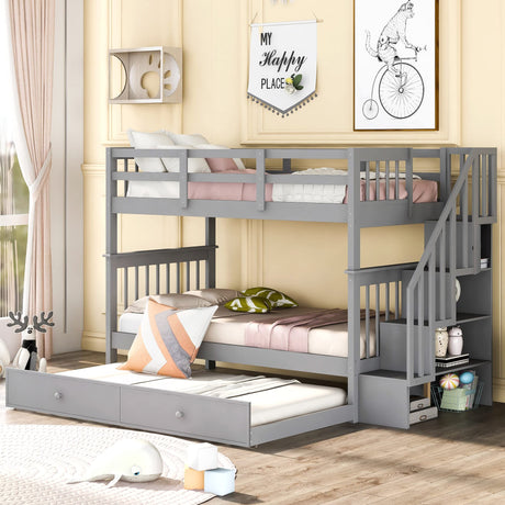 Harper & Bright Designs Twin Over Twin Bunk Bed with Trundle Bed and Storage Shelf, Kids Twin Size Bunk Bed with Stairs & Guard Rail, Wood Bunk Bed Frame for Kids, Teens, Adults,Gray Harper & Bright Designs