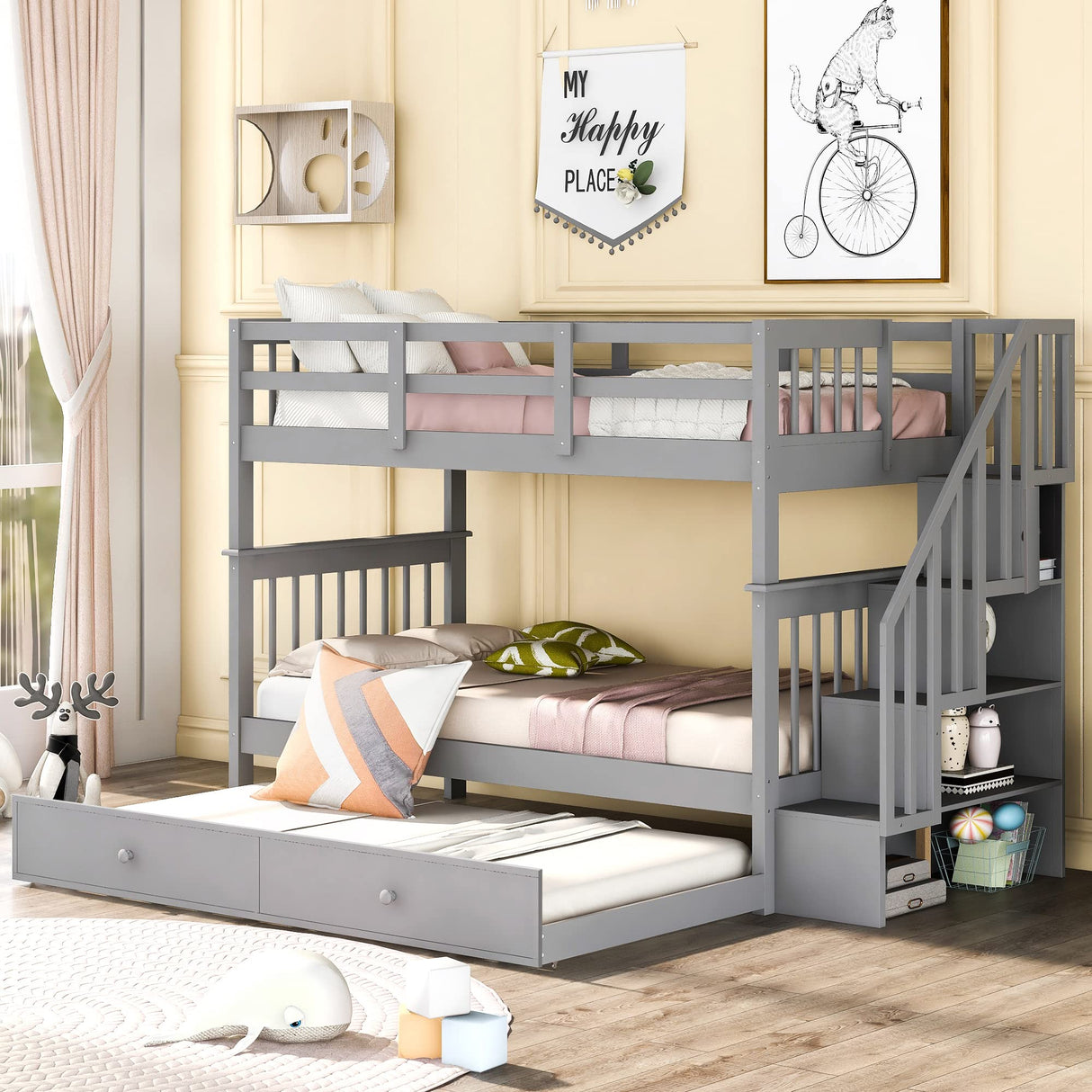 Twin Over Twin Bunk Bed with Trundle and Stairs, Solid Wood Bunk Beds Frame with Storage for Kids, Teens, Adults, Bedroom, Dorm. No Box Spring Needed (Gray) Bellemave