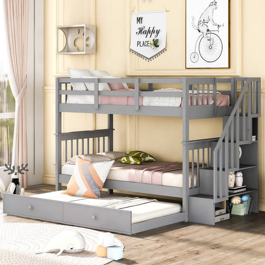 Twin Over Twin Bunk Bed with Trundle and Stairs, Solid Wood Bunk Beds Frame with Storage for Kids, Teens, Adults, Bedroom, Dorm. No Box Spring Needed (Gray)