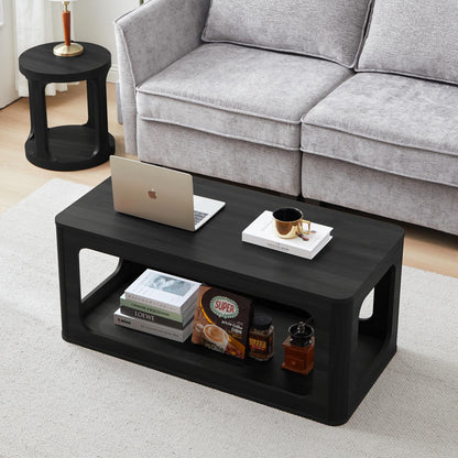 YUCHIATH Coffee Table for Living Room, Farmhouse Coffee Table with 2-Tier Storage, Accent Wood Coffee Table for Living Room (Black)