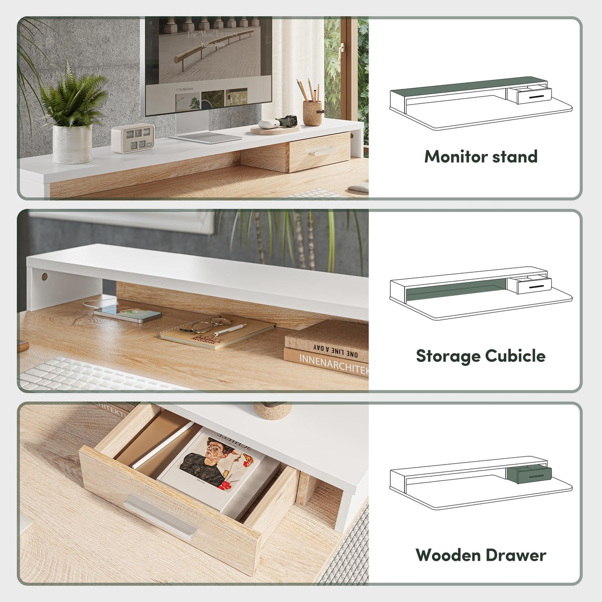 FEZIBO Electric Standing Desk 48 x 24 Inch with Monitor Shelf, 3 Drawers and Open Storage, Home Office Computer Workstation, Maple, 2 Packages FEZIBO