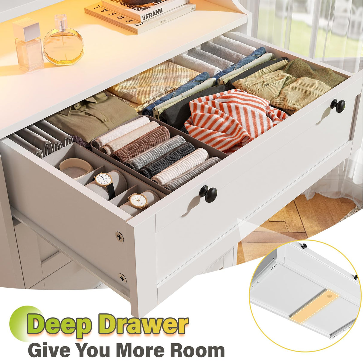 EnHomee Dresser for Bedroom, Modern White Dresser with LED Light, Tall Dresser with 5 Large Wood Drawers for Closet Organizers and Storage Clothes, Chests of Drawers for Closet, Entryway EnHomee