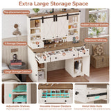 DICTAC Farmhouse Makeup Vanity Desk with Lighted Mirror & Power Strips, Vanity Table with Sliding Barn Door Hidden Shelves & 5 Drawers & 2 Cabinets, White Dressing Table for Bedroom, Lights Adjustable DICTAC