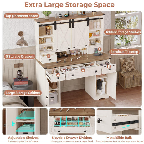 DICTAC Farmhouse Makeup Vanity Desk with Lighted Mirror & Power Strips, Vanity Table with Sliding Barn Door Hidden Shelves & 5 Drawers & 2 Cabinets, White Dressing Table for Bedroom, Lights Adjustable DICTAC