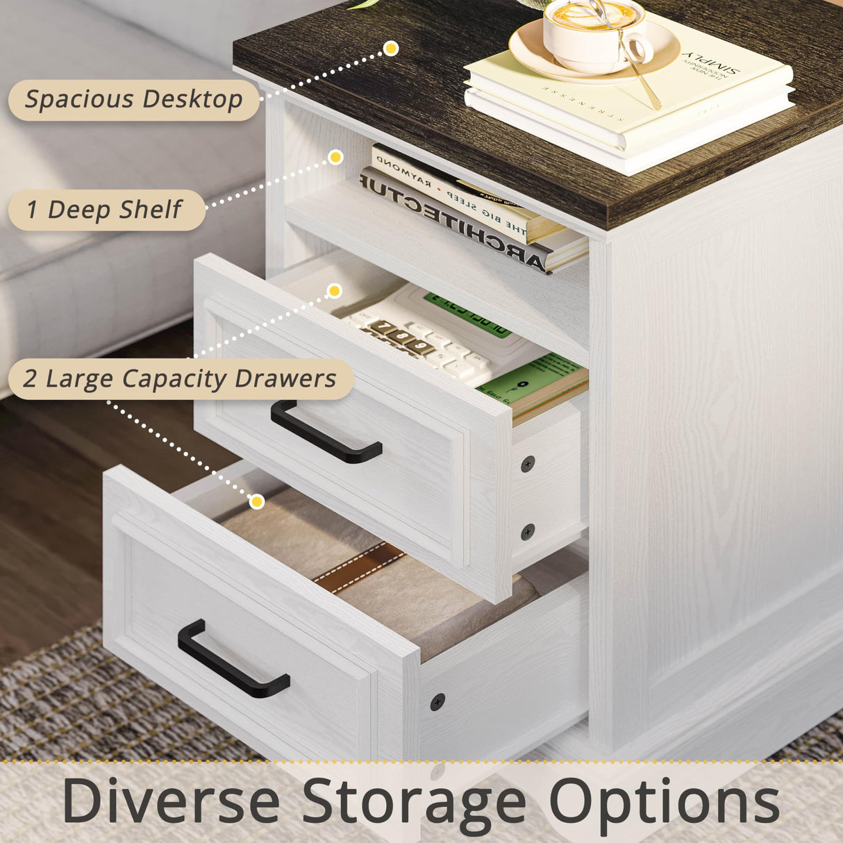 LIKIMIO Farmhouse Nightstand with Storage Drawers and Open Shelf, Small End Tables Living Room, Rustic Wood Side Tables for Bedroom, Roman Column Design, White LIKIMIO