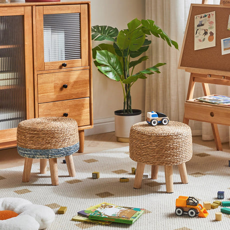 YMYNY Foot Stool Natural Seagrass Hand Weave, 12.6" Small Ottoman, Round Footrest for Living Room, Bedroom, Entryway, Change Shoes Stool, Non-Skid Wood Legs, Boho, Natural, UHBD027N YMYNY