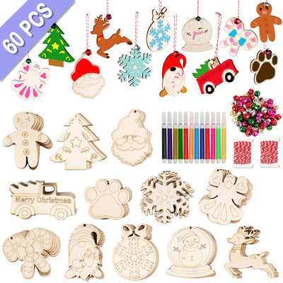 OurWarm 60PCS Unfinished Wooden Christmas Ornaments, 12 Styles DIY Blank Wood Ornaments Crafts Kit with Colored Markers to Paint, Christmas Tree Decorations Holiday Gift for Kids Adults
