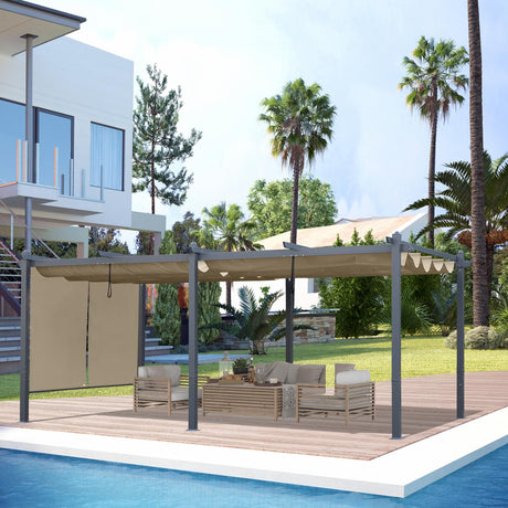 BPS 12' x 20' Outdoor Pergola with Retractable Shade Canopy, Dark Gray Matte Aluminum Frame, 2 Pieces Roller Shade Curtain, Grape Trellis Pergola for Patio Backyard and Deck - Khaki BPS
