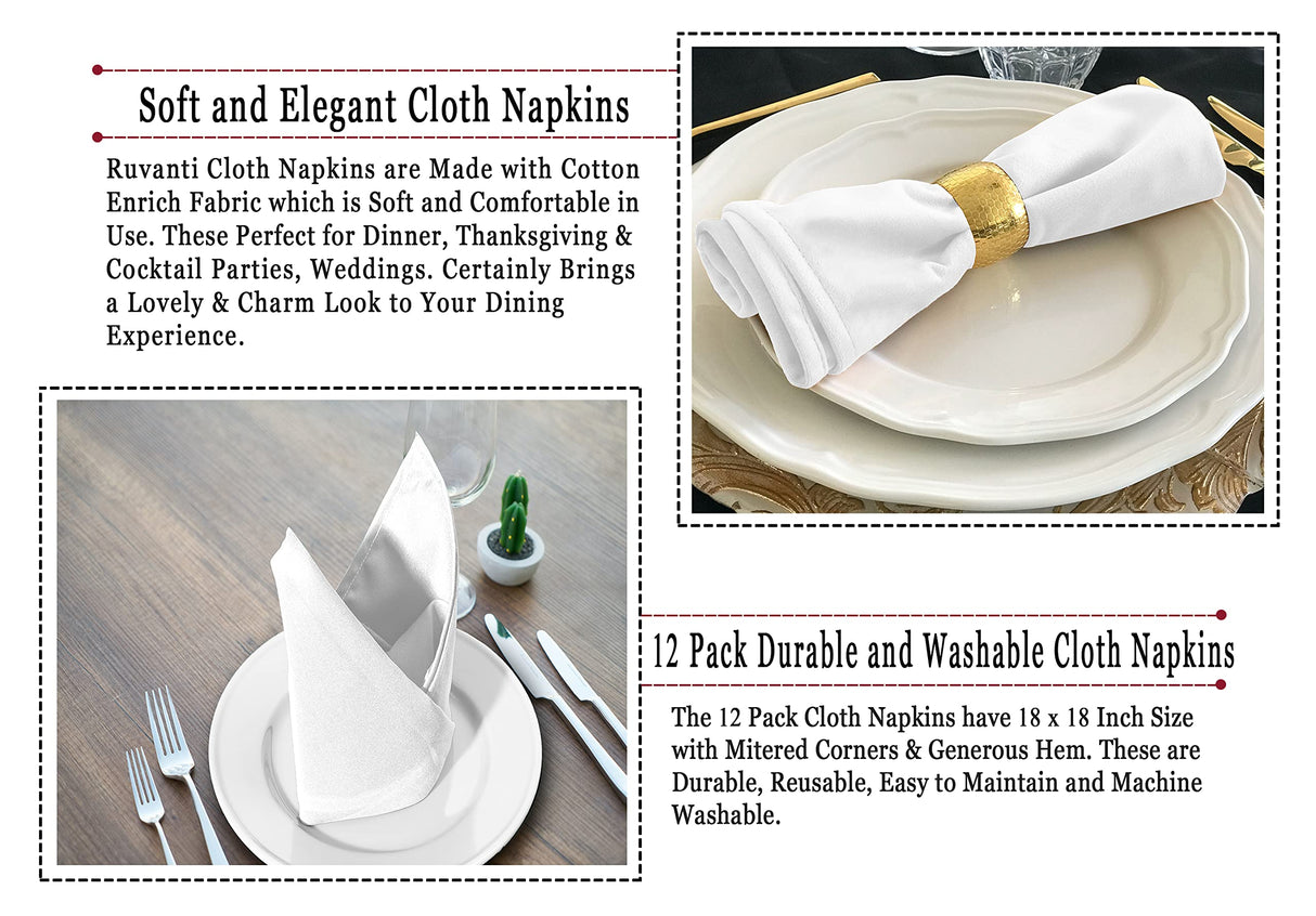 Ruvanti Cloth Napkins set of 12, 18x18 Inches Napkins Cloth Washable, Soft, Durable, Absorbent, Cotton Blend. Table Dinner Napkins Cloth for Hotel, Lunch, Restaurant, Weddings, Events, Parties - White RUVANTI