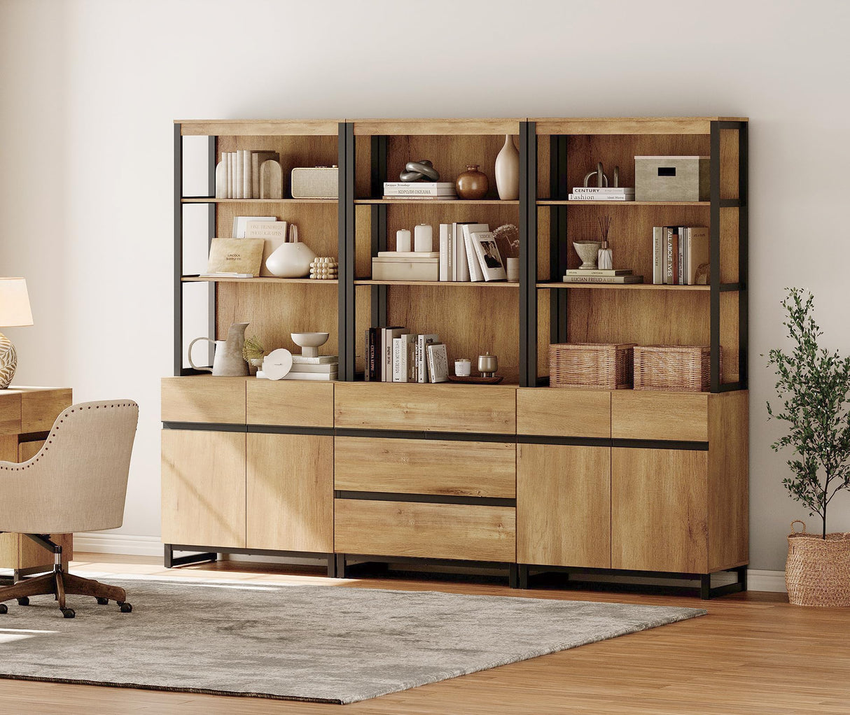 WAMPAT 3 PCS Modern 72" Tall Bookcase with 3 Drawers and Adjustable Shelves, Library Book Shelf with Storage Cabinet and Open Shelving, Wood Freestanding Bookshelves for Home Office, Living Room, Oak WAMPAT