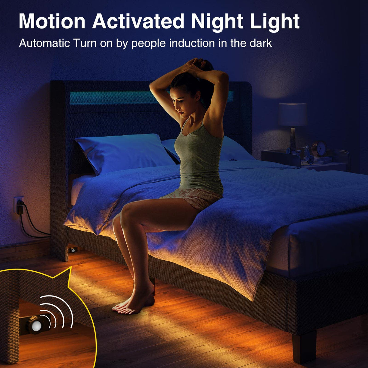 Rolanstar Bed Frame Twin Size with LED Lights and Charging Station, Upholstered Bed with Motion Activated Night Light and Wood Slats, Dark Grey Rolanstar