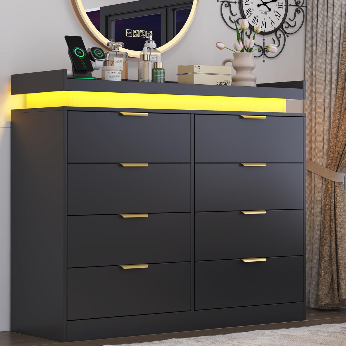 UNIQUITE 8 Drawer Dresser for Bedroom, Black Dresser with LED Lights and Power Outlet, Wooden Dressers Chests of Drawers, Double Wide Dressers for Bedroom, Entryway, Hallway UNIQUITE