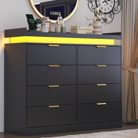 UNIQUITE 8 Drawer Dresser for Bedroom, Black Dresser with LED Lights and Power Outlet, Wooden Dressers Chests of Drawers, Double Wide Dressers for Bedroom, Entryway, Hallway UNIQUITE