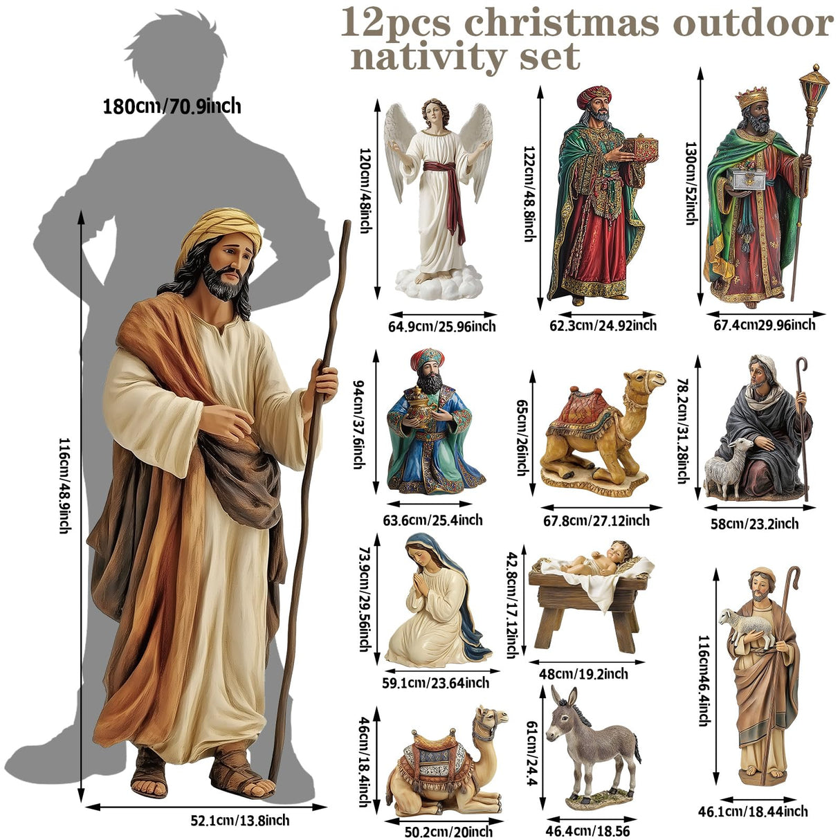 MorningRo 12 Pcs Christmas Outdoor Nativity Scene Set, Large 52" Tall Metal Holy Family Yard Decorations with Stake, Lifelike High Joseph, Mary, Baby Jesus, Angel, Three Kings, Shepherd, Donkey, Camel MorningRo