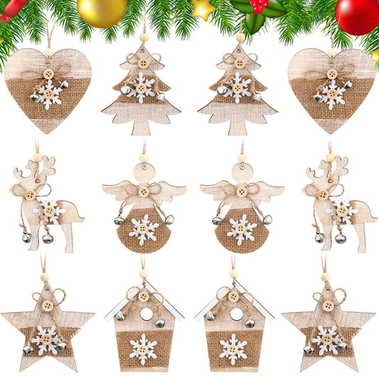 12 Pcs Rustic Christmas Wooden Ornaments Set Reindeer Star Natural Wood Christmas Tree Decoration Assorted Farmhouse Hanging Ornaments for DIY Xmas Tree Home Party Decor (Cute Style)