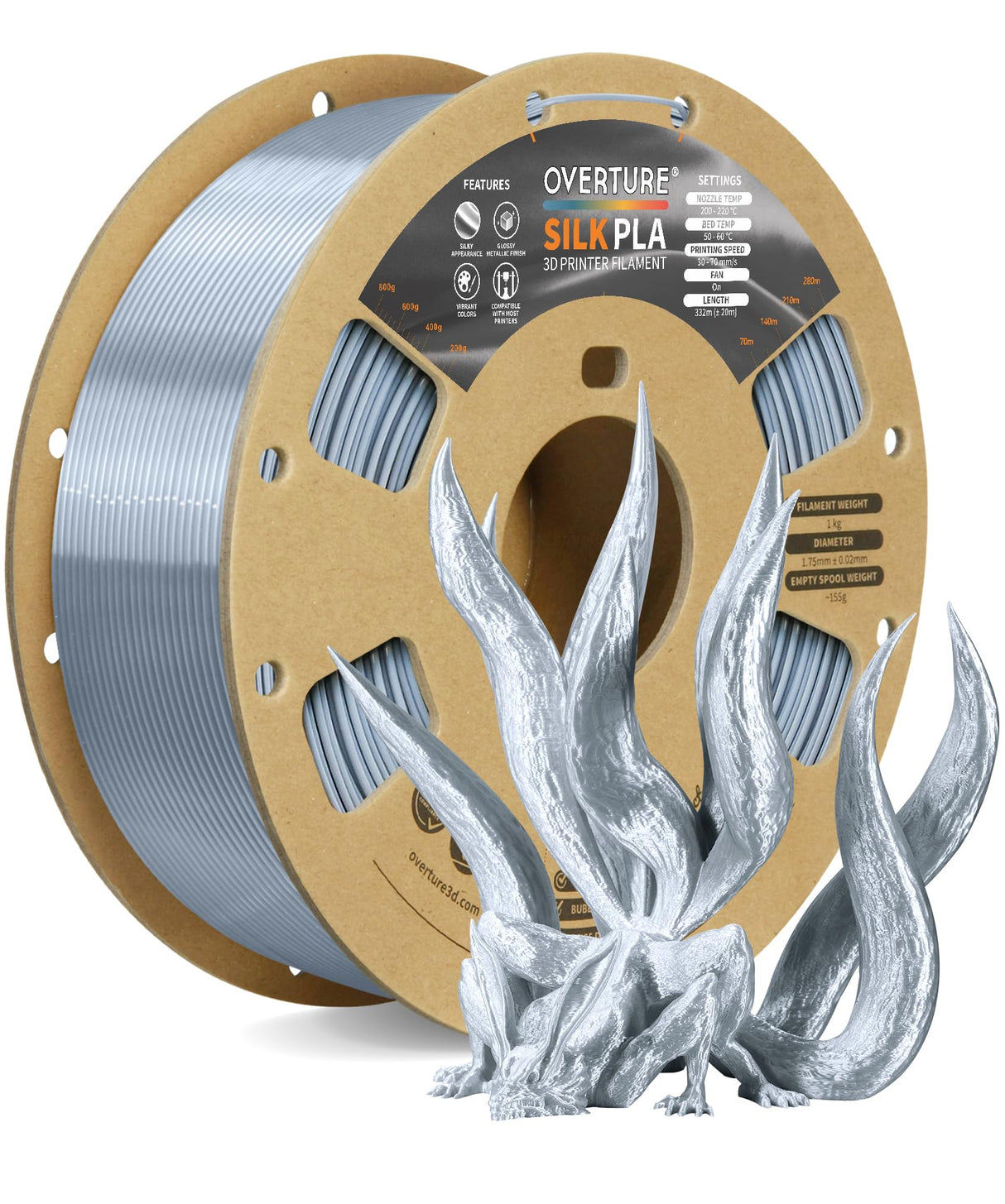 OVERTURE Silk Filament PLA 1.75mm Clog-Free Shiny 3D Printer Consumables, 1kg Spool (2.2lbs), Dimensional Accuracy +/- 0.02 mm, Fit Most FDM Printer(Silk Silver) OVERTURE