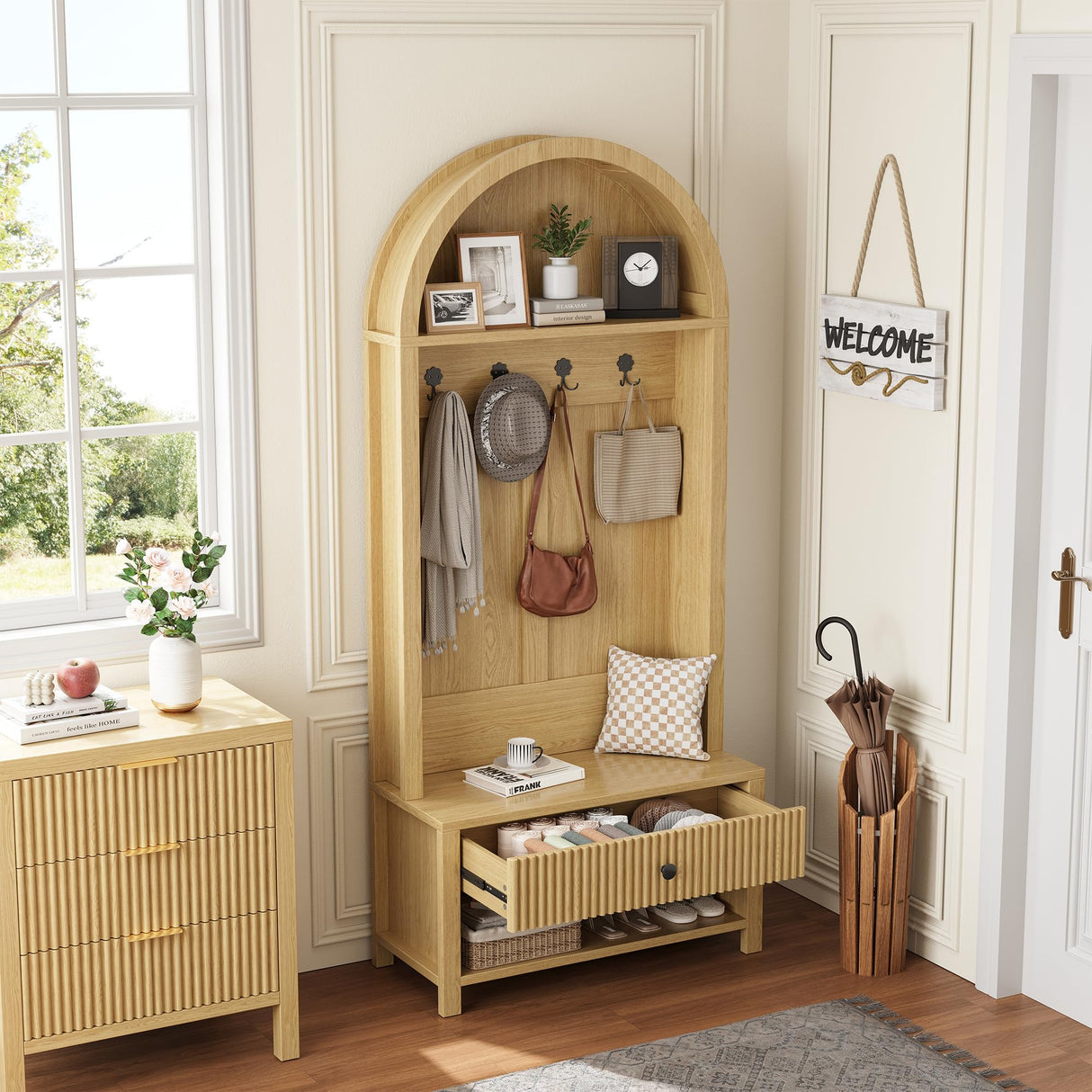 LSKTGA 70.86-inch Entryway Hall Tree, Farmhouse-Style Wooden Coat Rack Freestanding, Entryway Organizer with Four Hooks, Standing Shoe Rack with Bench for Hallways, Foyers, and Living Rooms, Natural LSKTGA