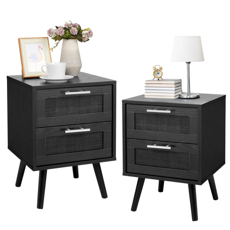 Finnhomy Nightstand, End Table, Side Table with 2 Hand Made Rattan Decorated Drawers, Nightstands Set of 2, Wood Accent Table with Storage for Bedroom, Full Black, 2 Pack Finnhomy