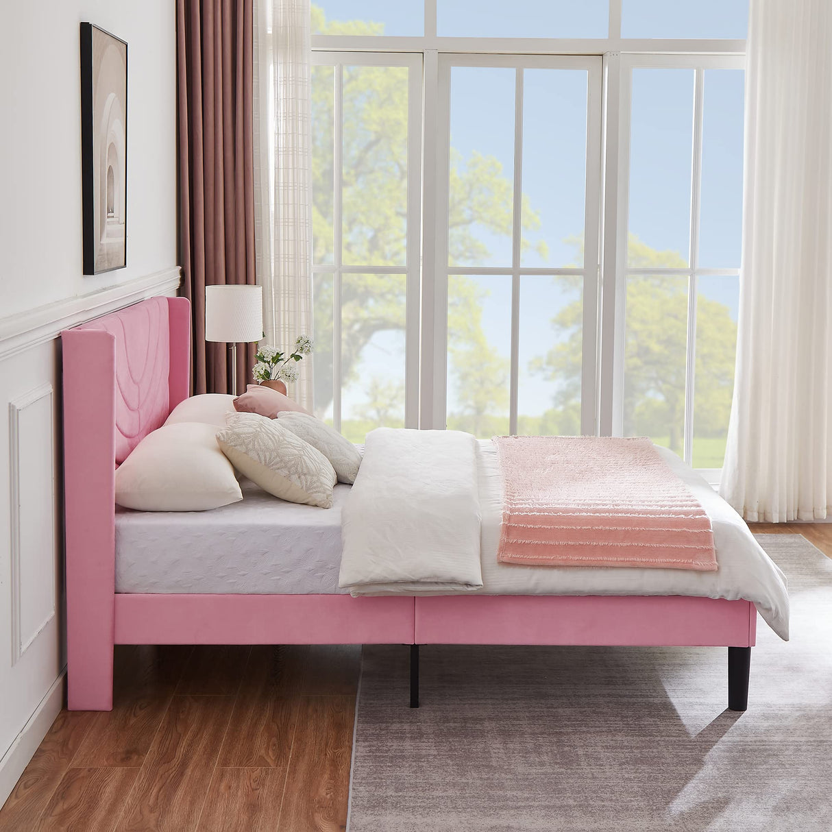 VECELO Full Size Upholstered Platform Bed Frame with Fabric Headboard,Wooden Slats Support/No Box Spring Needed/Mattress Foundation,Pink VECELO
