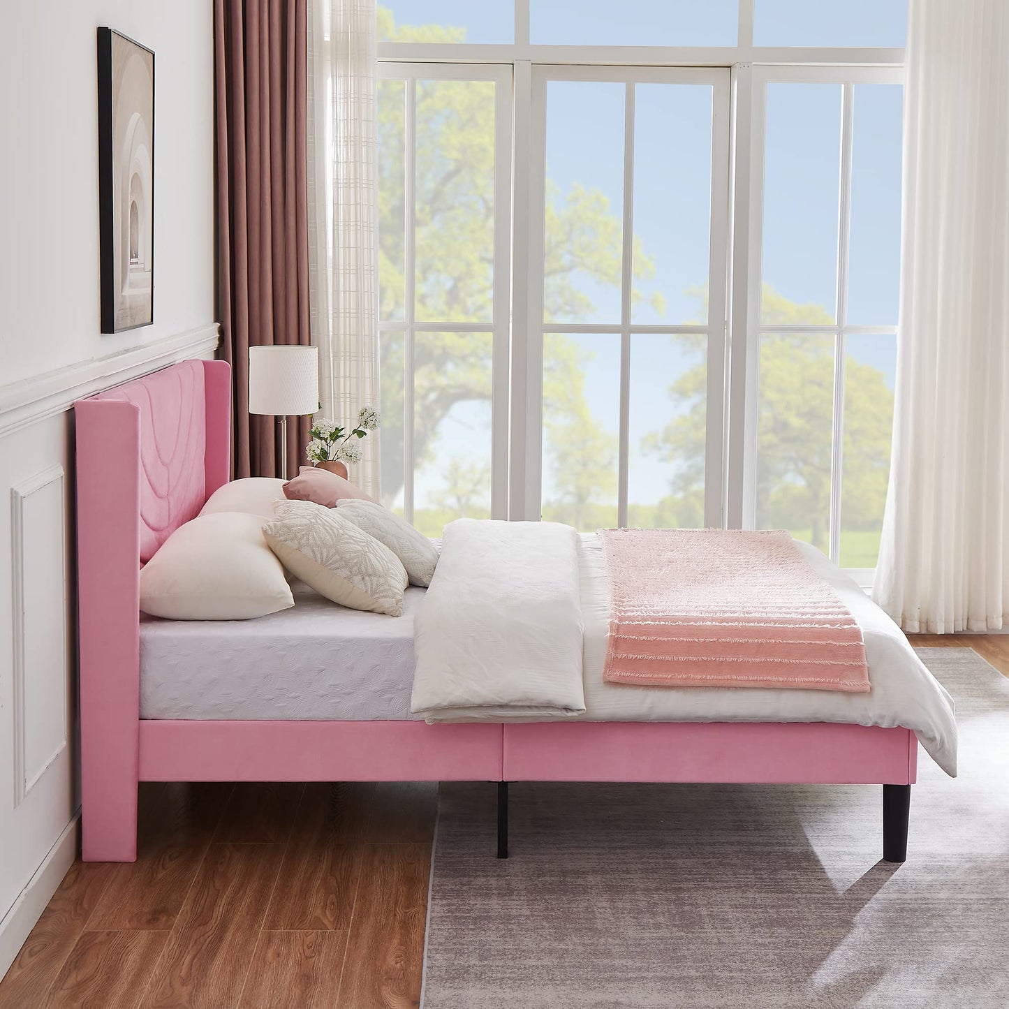 VECELO Queen Size Upholstered Platform Bed Frame with Fabric Headboard,Wooden Slats Support/No Box Spring Needed/Mattress Foundation/Easy Assembly,Pink