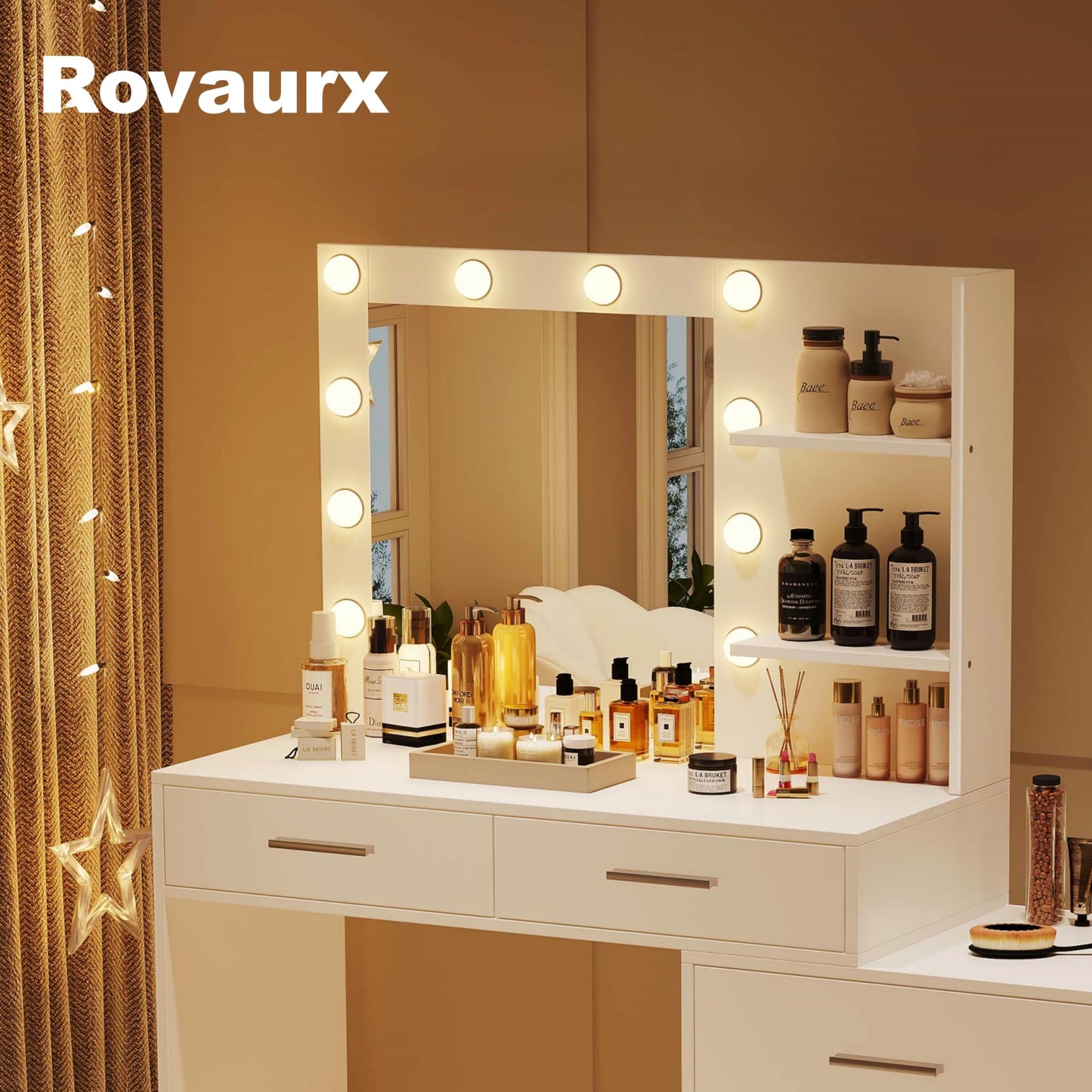 Rovaurx 65" W Makeup Vanity Set with Mirror and 3-Color Lights, Large Vanity Table with 8 Drawers & Side Storage Shelf, Adjustable Width, Bedroom Dressing Table with Stool, for Women, White R - WoodArtSupply