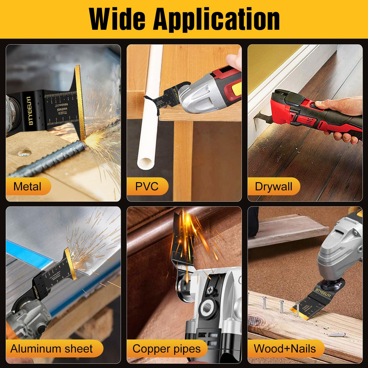 BTYEEUYI 18 PCS Titanium Oscillating Tool Blades Metal Cutting, Universal Multitool Blades for Metal Nails Wood Plastic and Hard Material, Multi Tool Blades Kits Fit Dewalt Ryobi Bosch Milwaukee BTYEEUYI