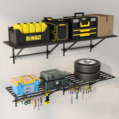 MKZYO Garage Wall Mounted Shelf,Heavy Duty Wall Shelving,Garage Storage Rack with Hooks,Sturdy Shelving,Shelves Organizer with Power Tools Hanger (Black, 35.43×19.68in*2) MKZYO