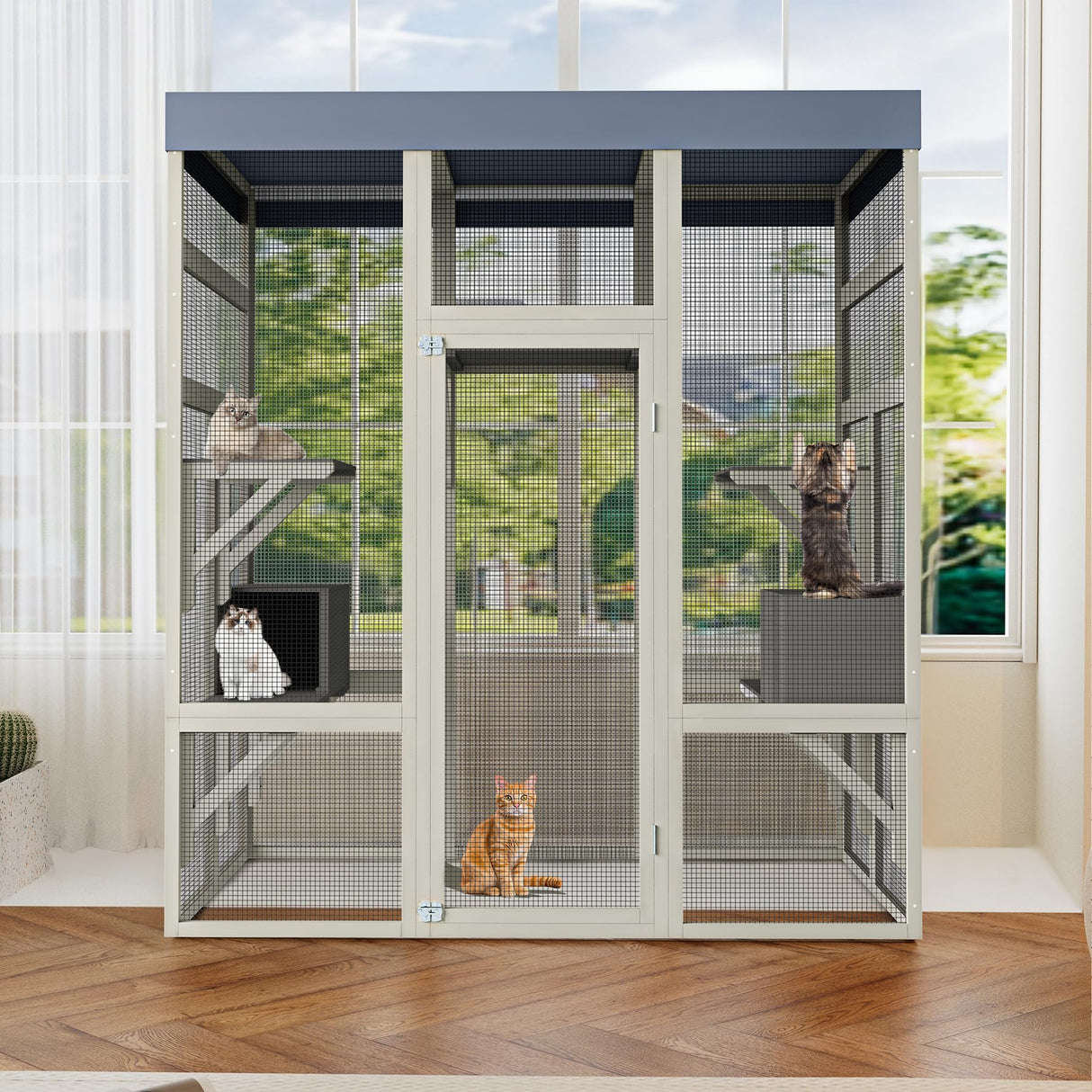 70" Large Catio Outdoor Cat Enclosure, Wood Cat House with Waterproof Roof, Walk in Cats Shelter with 7 Jumping Platform & 2 Napping Resting Box, Gray Curtainboro