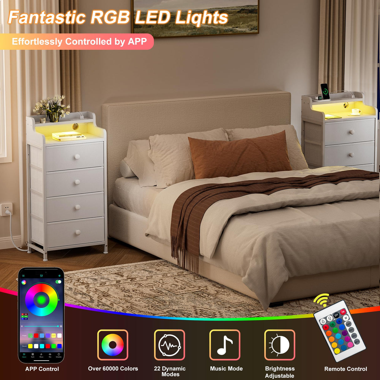 REAHOME Nightstand with Charging Station and LED Light, Tall White Night Stand with 4 Drawers and 2-Tier Shelf, Bedside Table with Sturdy Steel Frame Wood Top for Bedroom, Living Room - White REAHOME