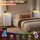 REAHOME Nightstand with Charging Station and LED Light, Tall White Night Stand with 4 Drawers and 2-Tier Shelf, Bedside Table with Sturdy Steel Frame Wood Top for Bedroom, Living Room - White REAHOME