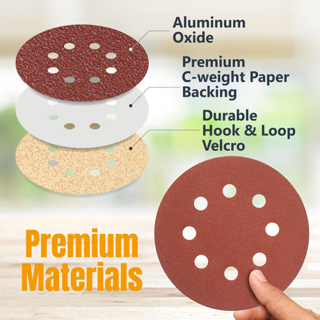 POWERTEC 75PK, 40/80/120 Grits, 5 Inch 8 Hole Hook and Loop Sanding Discs w/Cleaning Stick, Aluminum Oxide Sandpaper Discs, Woodworking Sanding Pads for Random Orbital, Air, DA Sander (45055) POWERTEC
