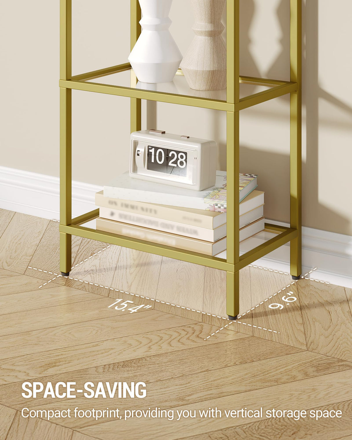 Hzuaneri Bookshelf, Tall Narrow Bookcase with LED Lights, Tempered Glass Bookshelves with Steel Frame, Display Shelf, Slim Shelving Unit for Living Room, Bedroom, 9.6"D x 15.4"W x 66.5"H Gold BC34699G Hzuaneri