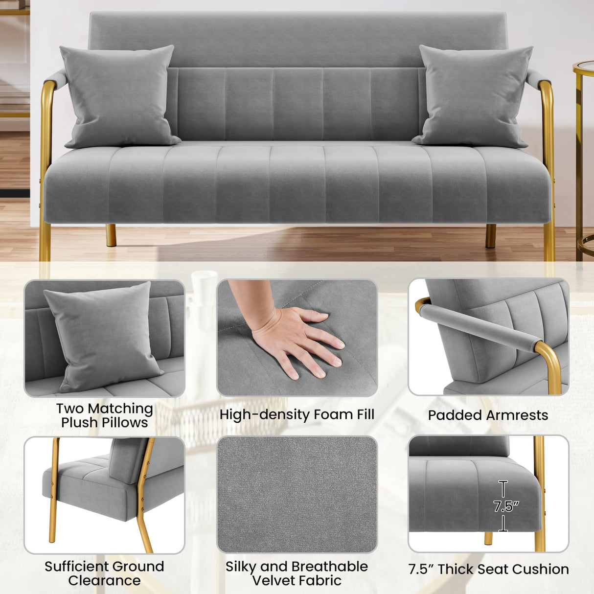 Yaheetech 56.5" W Modern Loveseat 2 Seater Sofa Luxurious Velvet Fabric Couch with Gold-Tone Metal Arms and Legs for Living Room, Home Office, Studio Light Gray Yaheetech