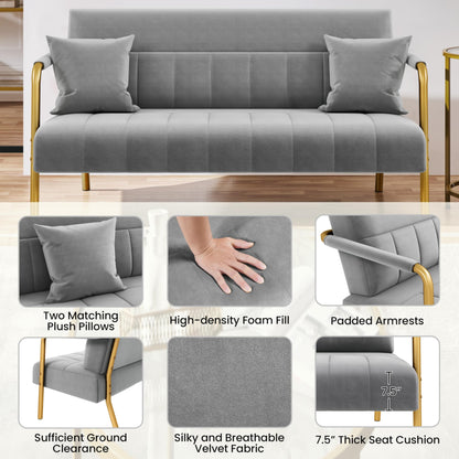 Yaheetech 56.5" W Modern Loveseat 2 Seater Sofa Luxurious Velvet Fabric Couch with Gold-Tone Metal Arms and Legs for Living Room, Home Office, Studio Light Gray - WoodArtSupply